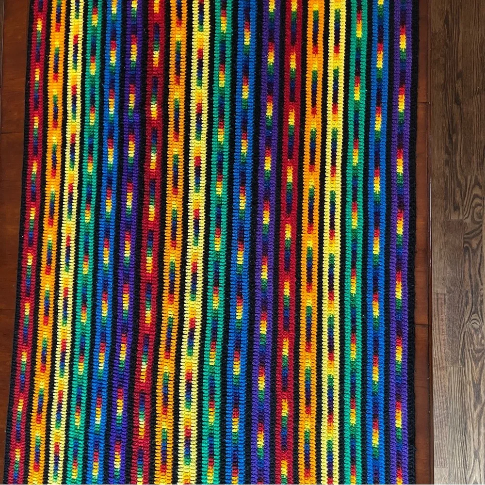 Handmade Crochet Afghan Throw Blanket Rainbow Striped Fringe Boho Retro